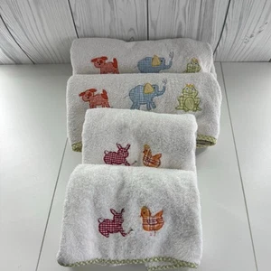 Pottery Barn Kids Set of 4 White Towels Animals Applique Embroidered Gingham - Picture 1 of 13