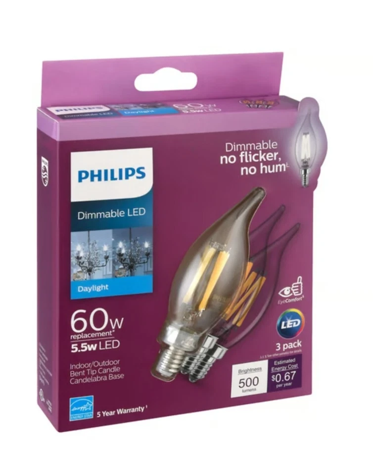 3 PACK Philips 60w Equivalent Daylight E26 Medium Led Decorative Light Bulb - Image 1 of 1