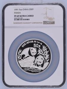 1991 5 oz CHINA PANDA 5 oz SILVER 50Y NGC PF69UC FINEST GRADED - Picture 1 of 2