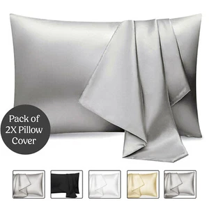 New Satin Silk Pillowcase Pack Of 2 Cover King Queen Size Luxury Cushion Cover - Picture 1 of 48