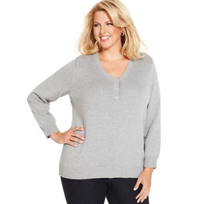 Maglione tunica Karen Scott NUOVO donna XL 1X 16W 18W $50 COTONE Henley grigio M52 - Foto 1 di 1