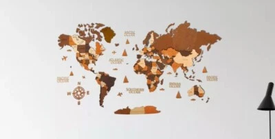 3d world mappa a parete in legno con colori marrone taglia L 59" x 39"planisfero - Immagine 1 di 4