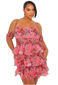 PrettyLittleThing Plus Pink Floral Ruffle Corset Mini Dress US 18 Off-Shoulder - Picture 1 of 17