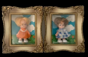 Pair 2 Vintage KIDDLE Friend Fun World  4" Doll in Frame Case HTF Frame 6" x 7"  - Picture 1 of 2