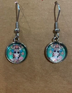 HANDMADE Floral Skull Face Small Round Cabochon Drop Earrings - Great Gift - Picture 1 of 1