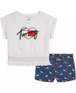 TOMMY HILFIGER Toddler Girls White T-shirt and Heart Logo Denim Short Size 3T - Picture 1 of 2