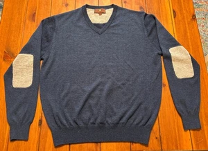 Suéter Pullover Azul Lana Merino TOSCANO Para Hombres GRANDE Cuello en V Gris Parches en el Codo - Imagen 1 de 13