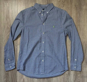 Ralph Lauren Boys Plaid Blue Check Button Down Shirt XL (18-20) Lime Green Rider - Picture 1 of 3
