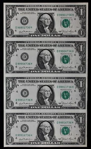UNCUT SHEET of 4, $1 1981 CU Federal Reserve Notes D99901736H-D99916736H ppE2-H2 - Picture 1 of 2