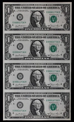 UNCUT SHEET of 4, $1 1981 CU Federal Reserve Notes D99901736H-D99916736H ppE2-H2 - Image 1 of 2