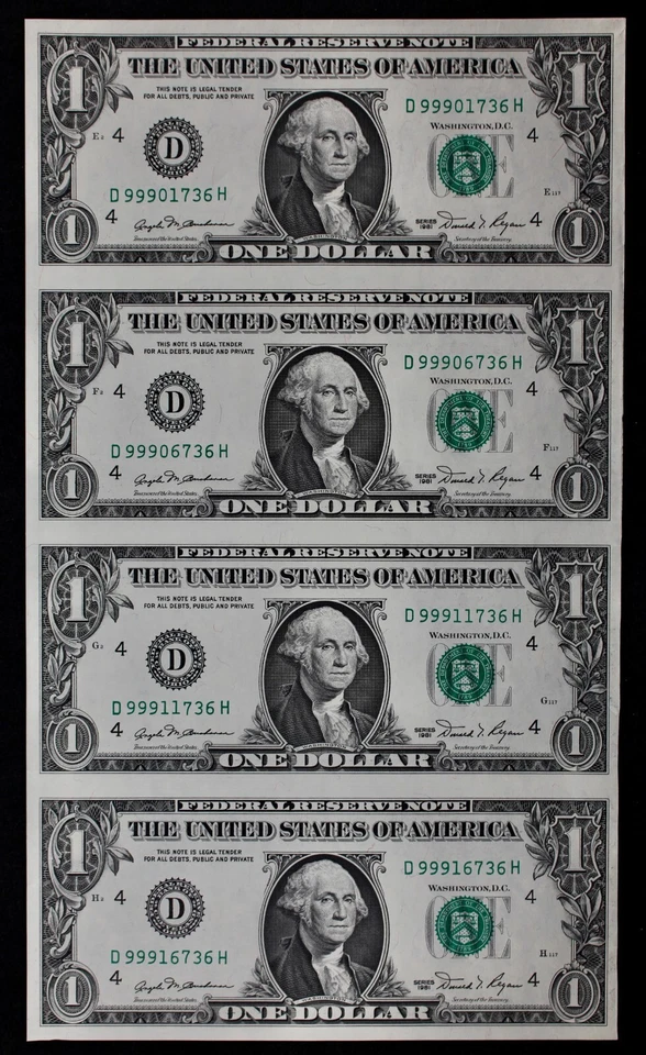 UNCUT SHEET of 4, $1 1981 CU Federal Reserve Notes D99901736H-D99916736H ppE2-H2 - Image 1 of 2