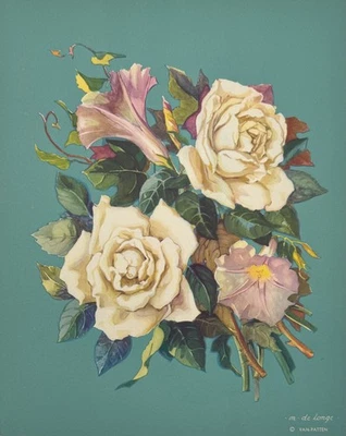 Vintage M. de Longe White Rose & Morning Glory Print, Van Patten 8x10 Floral Art - Image 1 of 4