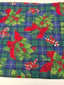Christmas Plaid Cotton Fabric Holly Candy Cane Print 14"x37" Blue Red Green Fest - Picture 1 of 11