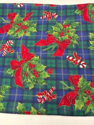 Christmas Plaid Cotton Fabric Holly Candy Cane Print 14"x37" Blue Red Green Fest - Image 1 of 4