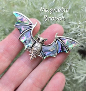 MAGNETIC BROOCH- Natural Shell Bat in silver.  Halloween accessory.  Bat jewelry - Picture 1 of 5