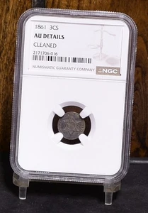1861 3CS Three Cent Silver - NGC AU Details, Cleaned (#60033-L) - Picture 1 of 11