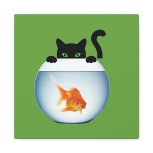 Bezaubernde Katze und Goldfisch Leinwandbild, niedliche Katze Wanddeko, Haustierliebhaber Geschenk 12x12 - Bild 1 von 5