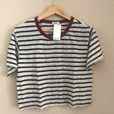 Splendid Medium Navy Burgundy Striped Cropped Tee Shirt - Image 1 of 4