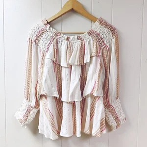 FOR THE REPUBLIC Womens Top SMALL Smocked Tiered Ruffles Striped Metallic Thread - Picture 1 of 8