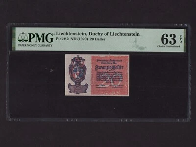 Liechtenstein:P-2,20 Heller, 1920 * Vaduz Castle * ERROR * PMG Ch. UNC 63 EPQ * - Image 1 of 2