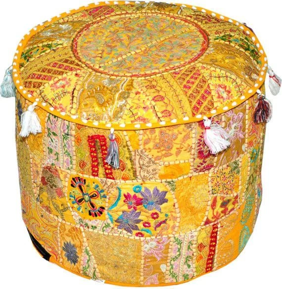 Indian Handmade Vintage Patchwork Cotton Ottoman Pouffe Cover Round Ethnic Decor - Image 1 of 1