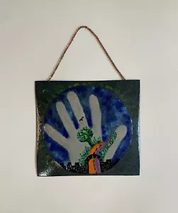 Enamel On Copper Art Painting Hand Handprint Tree Of Life Vtg - Picture 1 of 7