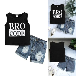 2PCS Baby Toddler Boys Summer Sleeveless Letter Print Tops Denim Shorts OutfitS - Picture 1 of 15