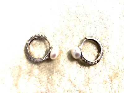 HONORA x DIAMONIQUE CZ CULTURED PEARL HUGGIE HOOP EARRINGS, SS (M4513-24) - Image 1 of 4