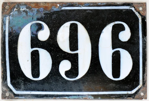 Large old black French house number 696 door gate plate plaque enamel metal sign Cover