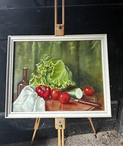 Still Life Vintage Oil Painting Of Garden Vegetables by J Melville White Frame - Picture 1 of 8