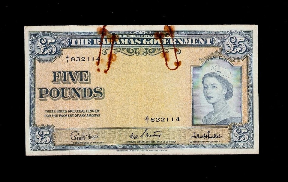 BAHAMAS GOVERNMENT 5 POUNDS P-16 1953 QUEEN SHIP RARE GB UK CURRENCY MONEY NOTE - Image 1 of 1