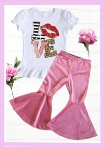 NWOT GIRLS BOUTIQUE LOVE TOP W/ PINK VELVET BELL BOTTOMS VALENTINE SET -SZ. 7/8 - Picture 1 of 1