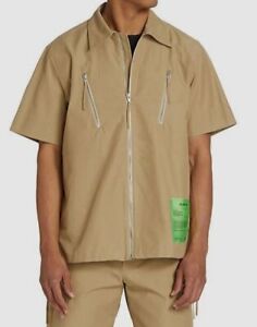 $375 Helmut Lang Men's Beige Zip-Front Short-Sleeve Shirt Top Size L