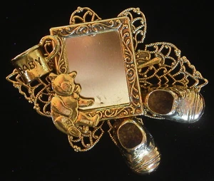 Baby Photo Frame Pin Brooch Bear Cup Shoes 24kt Gold Pl - Picture 1 of 1