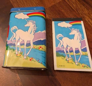 Unicorn Metal Tin Case 1984 Rainbow 4" w/ Small Notebook Hong Kong Trinket Box  - Picture 1 of 5