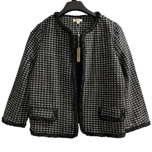 Max Studio Blazer Womens L Black White Fringe Short Jacket Open Front Office - Picture 1 of 10
