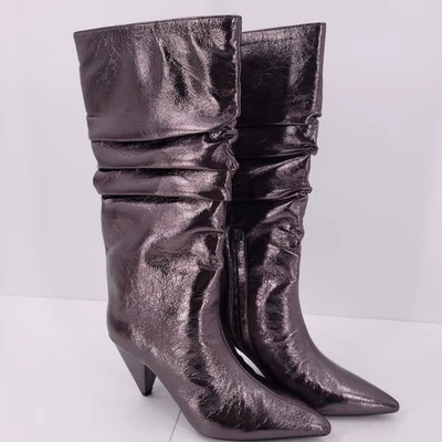 INC Diiannaa Silver Slouchy Knee-High Boots Cone Heel Pointy Toe Zipper NEW - Image 1 of 4