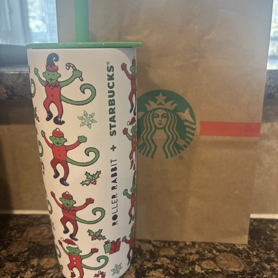 Roller Rabbit Starbucks Monkey Mas Acero Inoxidable Taza Fría 24oz Navidad Nuevo Foto 1 de 3