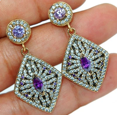 Ottoman Empire Style 8CT Amethyst & Topaz 925 Sterling Silver Earrings S3-2 - Image 1 of 2
