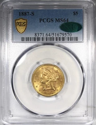 1887-S $5 Gold Liberty Half Eagle PCGS MS64 CAC Uncirculated Coin - Image 1 of 4