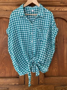 Old Navy XXL Tall Cotton Linen Gaze Gingham Tie Shirt Top teal green white - Bild 1 von 6