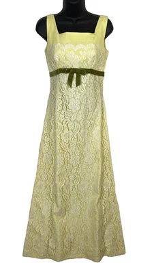 1960’s Encaje Imperio Amarillo Mujer’s Vestido Sin Mangas Encaje Superpuesto Baile de graduación Vestido Verde Lazo Foto 1 de 4