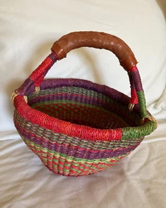 Bolga African Handwoven Market Basket Red Green Purple Leather Handle from Ghana - Picture 1 of 12