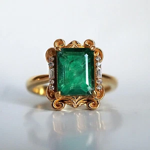 3.50 Ct Emerald Cut Green Emerald Vintage Engagement Ring 14K Yellow Gold Finish - Picture 1 of 7