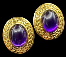 TRIFARI Purple Glass Cabochon Gripoix Style Etruscan Yellow Gold Tone Earrings