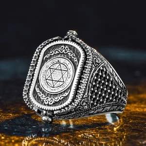 925 Sterling Silver Agate Stone Double Side Talisman Amulet Seal Of Solomon Ring - Picture 1 of 7