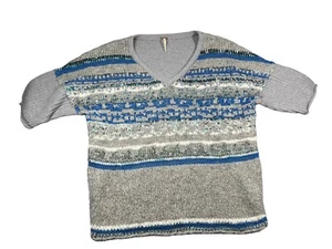 Free People Sweater Small Gray Blue Sequin V-Neck Sweater Short Sleeve Boho - Picture 1 of 6
