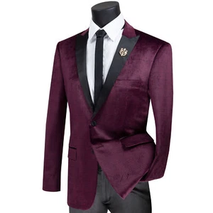 VINCI Men's Burgundy Glen Plaid Slim-Fit Velvet Tuxedo Jacket NEW - Picture 1 of 3