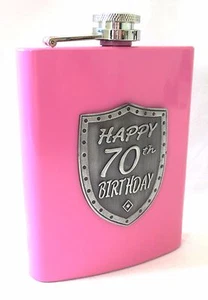 20130 70th PINK 150ml HIP FLASK WITH SHIELD BADGE GIFT BOX SEVENTIETH - Picture 1 of 3