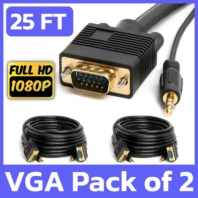 2 Pack VGA + 3.5mm Monitor Cable 25 Feet SVGA Video with AUX Stereo Audio Cord - Image 1 of 4